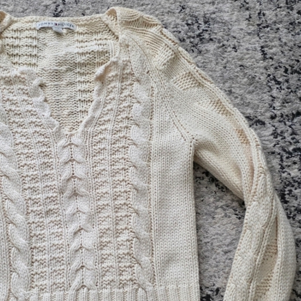 Y2k Tommy Hilfiger Cableknit Vneck Sweater Cream Womens L Cream